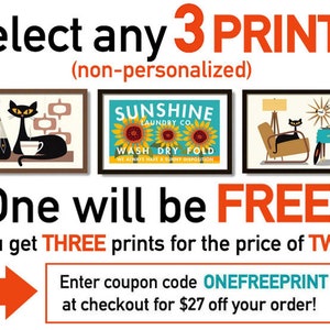 May include: A graphic design advertisement for a sale on prints. The ad features three framed prints with retro-style illustrations of a cat, a laundry service, and a cat in a living room. The text reads "Select any 3 PRINTS (non-personalized) One will be FREE! You get THREE prints for the price of TWO! Enter coupon code ONEFREEPRINT at checkout for $27 off your order!"