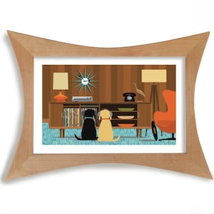 Mid Century Modern Dog Art Print, Retro Record Player Decor, Yellow and Black Labrador Retriever