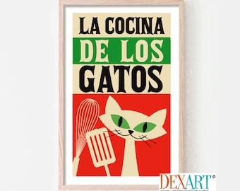 Spanish Kitchen Cat Art Print, Mid Century Modern Wall Art, Cat Lover Gift, Mexican Folk Art, Catina Sign, Cocina Art Print, Chef Gift