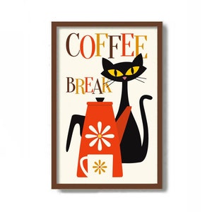 Mid Century Modern Cat Print Wall Art, Kitchen Art Print, Black Cat Print, Cat Lover Gift Idea, Coffee Lover Gift,