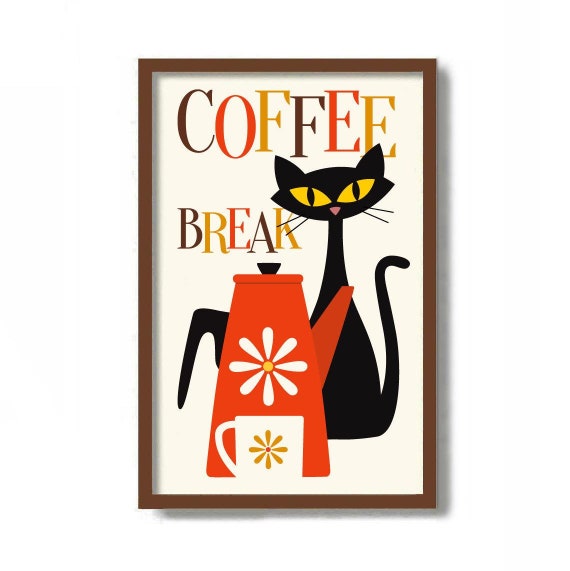 Mid Century Modern Cat Print Wall Art, Kitchen Art Print, Black Cat Print, Cat Lover Gift Idea, Coffee Lover Gift,