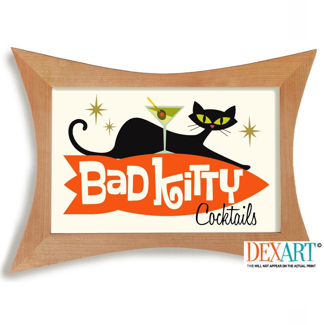 Mid Century Modern Atomic Cocktail Bar Wall Art Print, Black Cat Art ...