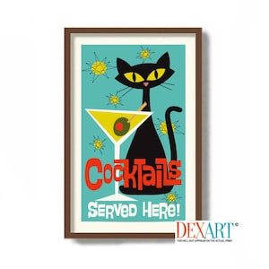 Mid Century Modern Art Print, Cat Lover Gift, Gin Gifts, Black Cat Art Print, Martini Art, Cocktail Poster, Bartender Gifts, Martini Glasses