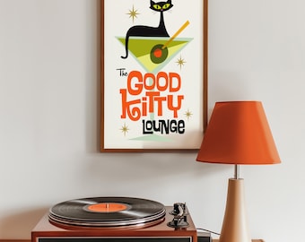 Mid Century Modern Atomic Cocktail Bar Wall Art, Good Kitty Lounge, Black Cat Art Print, Martini Glass, Bartender Gift, Cat Lover Gift