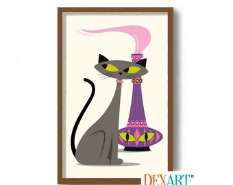 Genie in a Bottle Art Print, Cat Mom Gift, Gay Cat Art, Genie Lamp, Mid Century Modern Art, Best Friend Gift, Cat Lover Gift, Atomic Cat