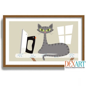 Cat Art Print Grey Tabby, Laundry Room Decor,  Mid Century Modern Wall Art, Gray Cat Laundry Sign, Cat Lover Gift, Laundry Basket