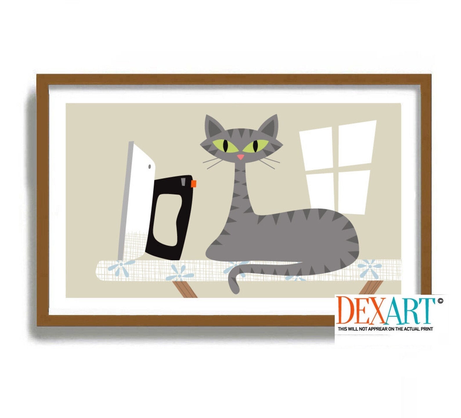 Cat Art Print Grey Tabby, Laundry Room Decor, Mid Century Modern Wall ...