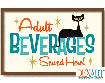 Atomic Cat Bar Decor, Mid Century Modern Art Print, Cocktail Sign, Bartender Gift, Bar Cart Decor, Cat Lover Gift, Adult Beverage