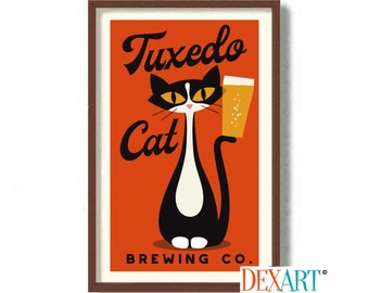 Impresión de arte de gato de esmoquin, regalo de papá gato, regalo de amante de los gatos, impresión de arte de cocina, arte moderno de mediados de siglo, regalo de bebedor de cerveza, decoración de bar