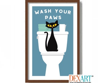 Cat Bathroom Decor, Wash Your Hands, Black Cat Art Print, Laundry Room Decor, Mid Century Modern Wall Art, Bath Sign, Cat Lover Gift