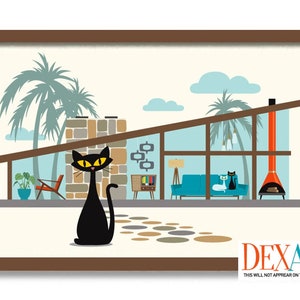 Mid Century Modern Art Print, Retro House Decor, Cat Lover Gift, Black Cat Art Print, Contemporary Home, White Cat Wall Art, 50s Home