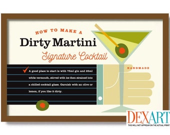 Martini Art, Signature Cocktail Print, Mid Century Modern Art, Bar Sign, Dirty Martini, Rat Pack Decor, Mixed Drinks, Cocktail Recipe