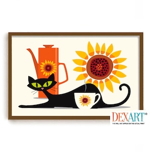 May include: A black cat with green eyes sits with a cup of coffee and a sunflower behind it. A red and orange teapot with a sunflower design is in the background.