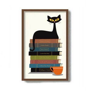 Cat Gifts, Mid Century Modern Art, Librarian Gifts, Cat Lover Gift, Literary Prints, Black Cat Art Print, Well Read, Book Club, Bibliophile