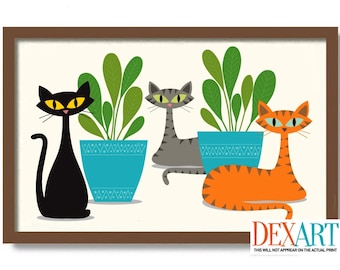 May include: Three stylized cats in a retro mid-century modern style. A black cat sits in front of a teal potted plant. A gray cat lies down in front of a teal potted plant. An orange tabby cat sits in front of a teal potted plant. The background is a light cream color.