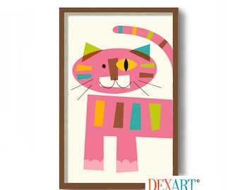 Mid Century Modern Abstract Cat Art Print, Picasso Cat Art, Tabby Cat Gift Idea, Cat Lover, Striped Cat, Contemporary Art, Retro Tiger Cat