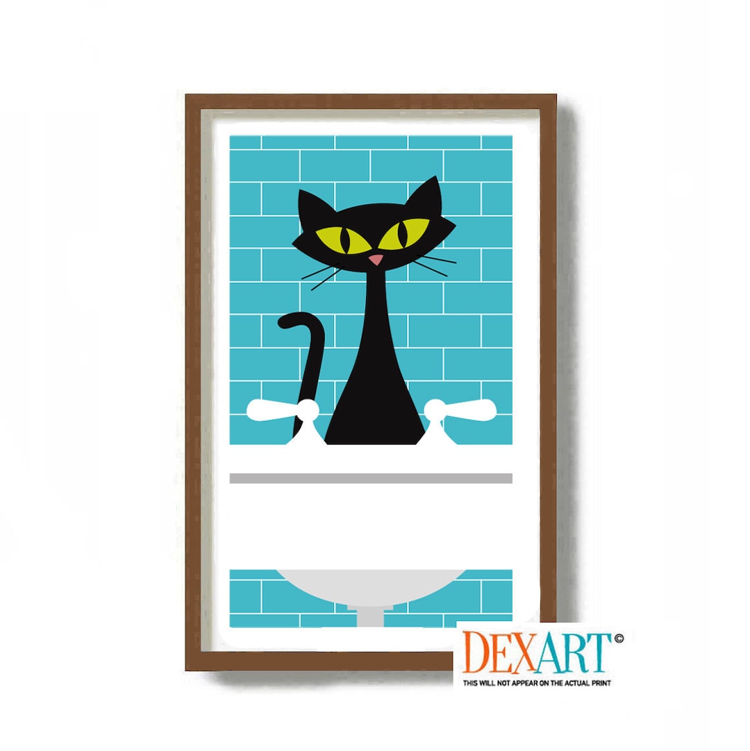 Cat Bathroom Wall Decor, Black Cat Art Print, Laundry Room Decor, Mid