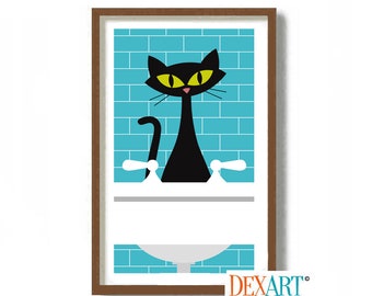 Cat Bathroom Wall Decor, Black Cat Art Print, Laundry Room Decor, Mid Century Modern Wall Art, Laundry Sign, Gift for Cat Lover, Atomic Cat