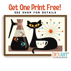 Modern Cat Art Print for Kitchen, Cat Wall Art, Black Cat Lover Gift, Coffee Lover Gift, Retro Coffee Pot, Atomic Star Decor