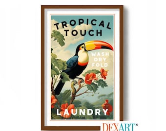 Tropical Art Print, Laundry Room Decor, Toucan Art, Vintage Florida Decor, Washing Machine, Florida Style Laundry Sign Coastal Wall Decor,