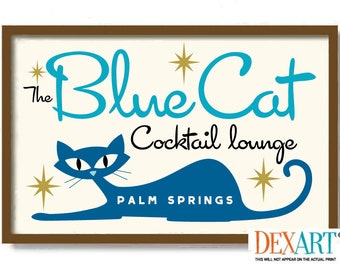 Lámina de arte mural de gatos, estilo moderno de mediados de siglo, Palm Springs, letrero de motel con gatos azules, salón de cócteles retro, Palm Springs