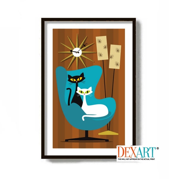 Mid Century Modern Wall Art, Black and White Cat Art Print, Cat Poster, Atomic Cat Lover Gift, Egg Chair, Cat Gifts Men, Retro Decor