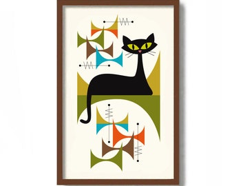 Mid Century Modern Art Print, Atomic Cat Wall Art, Cat Lover Gift, Modernist Wall Decor, Black Cat Art, Danish Modern