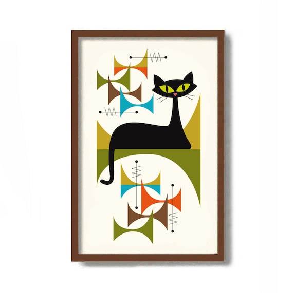 Mid Century Modern Art Print Atomic Cat Wall Art Cat Lover Etsy