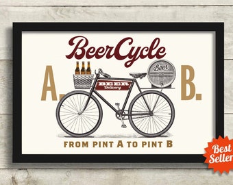 Beer Gifts for Men, Bicycle Wall Art, Beer Lover Gift for Him, Unique Bartender and Bicycle Art Print Sign Gift Idea, Craft Beer
