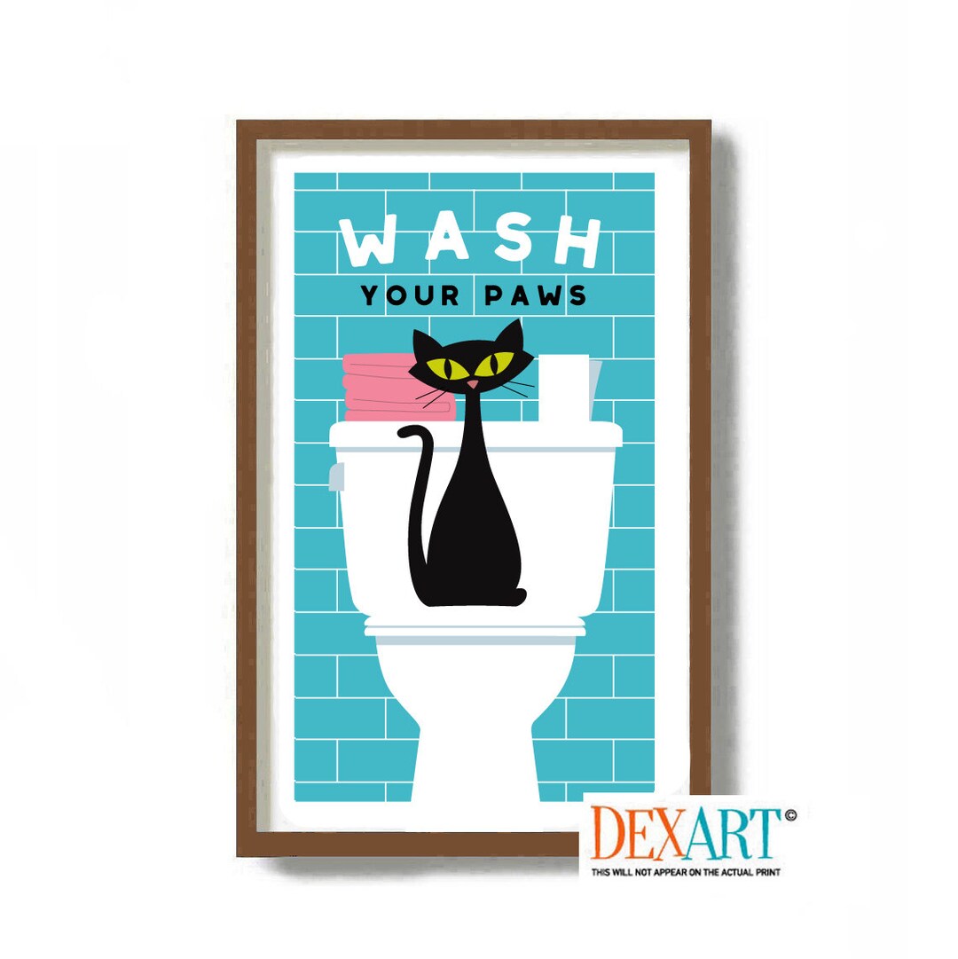Cat Bathroom Wall Art Print, Wash Your Hands Sign, Black Cat Art, Kids Bathroom, Personal