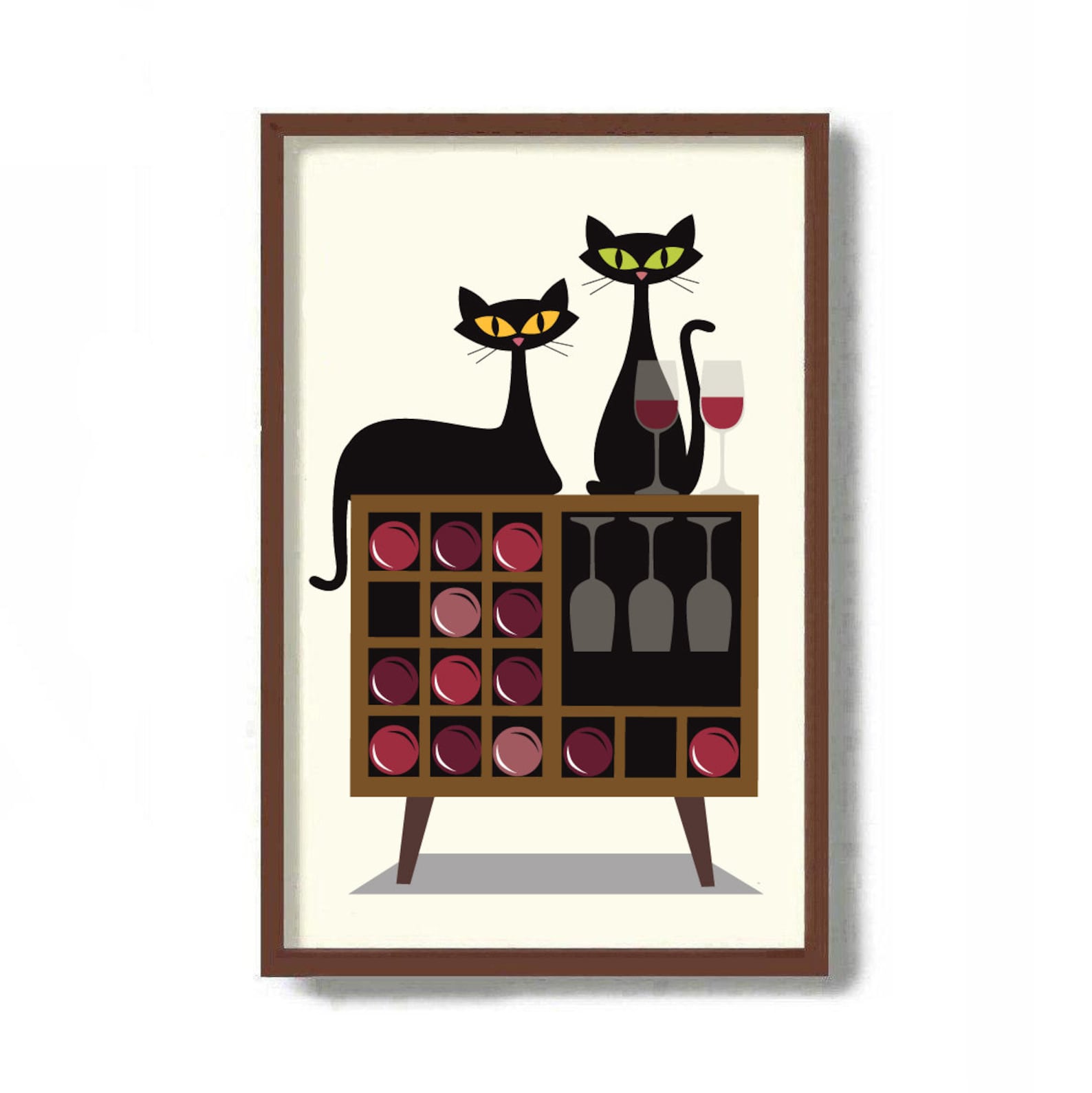 Black Cat Art Print Mid Century Modern Art Wine Lover Gift - Etsy