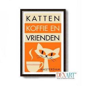 Dutch Cafe, Mid Century Modern Cat Art Print, Amsterdam Print, Cat Lover Gift. Coffee Sign, Kitchen Art Print, Coffee Poster Sign, Espresso