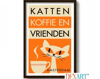 Dutch Cafe, Mid Century Modern Cat Art Print, Amsterdam Print, Cat Lover Gift. Coffee Sign, Kitchen Art Print, Coffee Poster Sign, Espresso