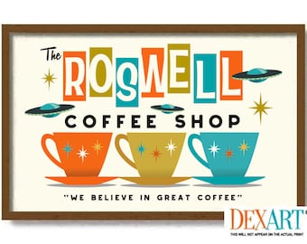 Roswell New Mexico UFO, Flying Saucer, Mid Century Modern Kitchen Atomic Wall Art Print, Coffee Cup, Retro Kitchen Decor, Coffee Art