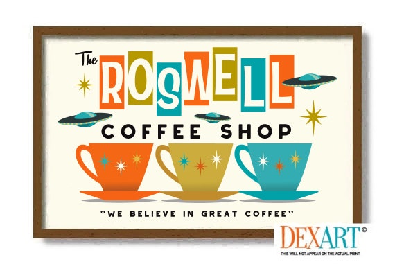 Roswell New Mexico UFO, Flying Saucer, Mid Century Modern Kitchen Atomic Wall Art Print, Coffee Cup, Retro Kitchen Decor, Coffee Art