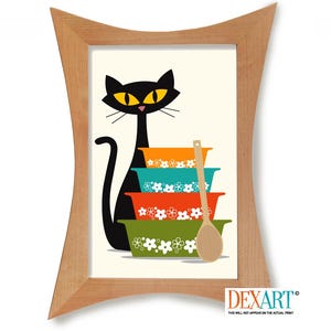 Mid Century Modern Kitchen Wall Art, Black Cat Print, Colorful Glass Bowls, Cat Lover Gift Idea, Kitchen Art Print