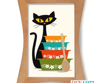 Mid Century Modern Kitchen Wall Art, Black Cat Print, Colorful Glass Bowls, Cat Lover Gift Idea, Kitchen Art Print