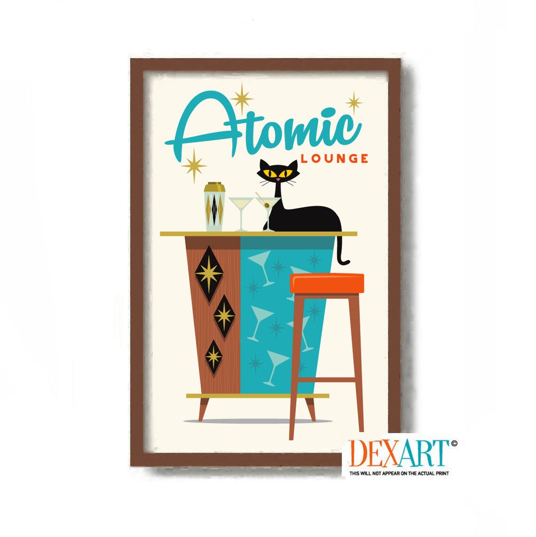 Mid Century Modern Cocktail Bar Wall Art, Black Cat Art Print ...