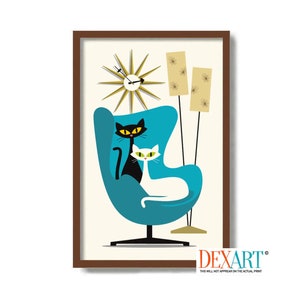 Atomic Cat Art Print, Mid Century Modern Wall Art, Cat Lover Gift, Black White Cat, Egg Chair, Retro Wall Clock, Danish Modern, Cat Mom Gift