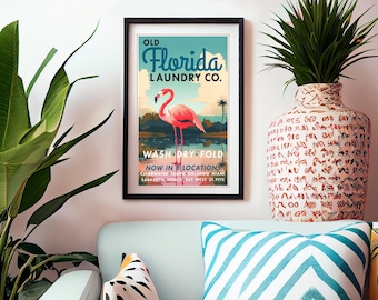Florida Art Print, Laundry Room Decor, Flamingo Art, Vintage Florida Decor, Washing Machine, Florida Style Laundry Sign Coastal Wall Decor,