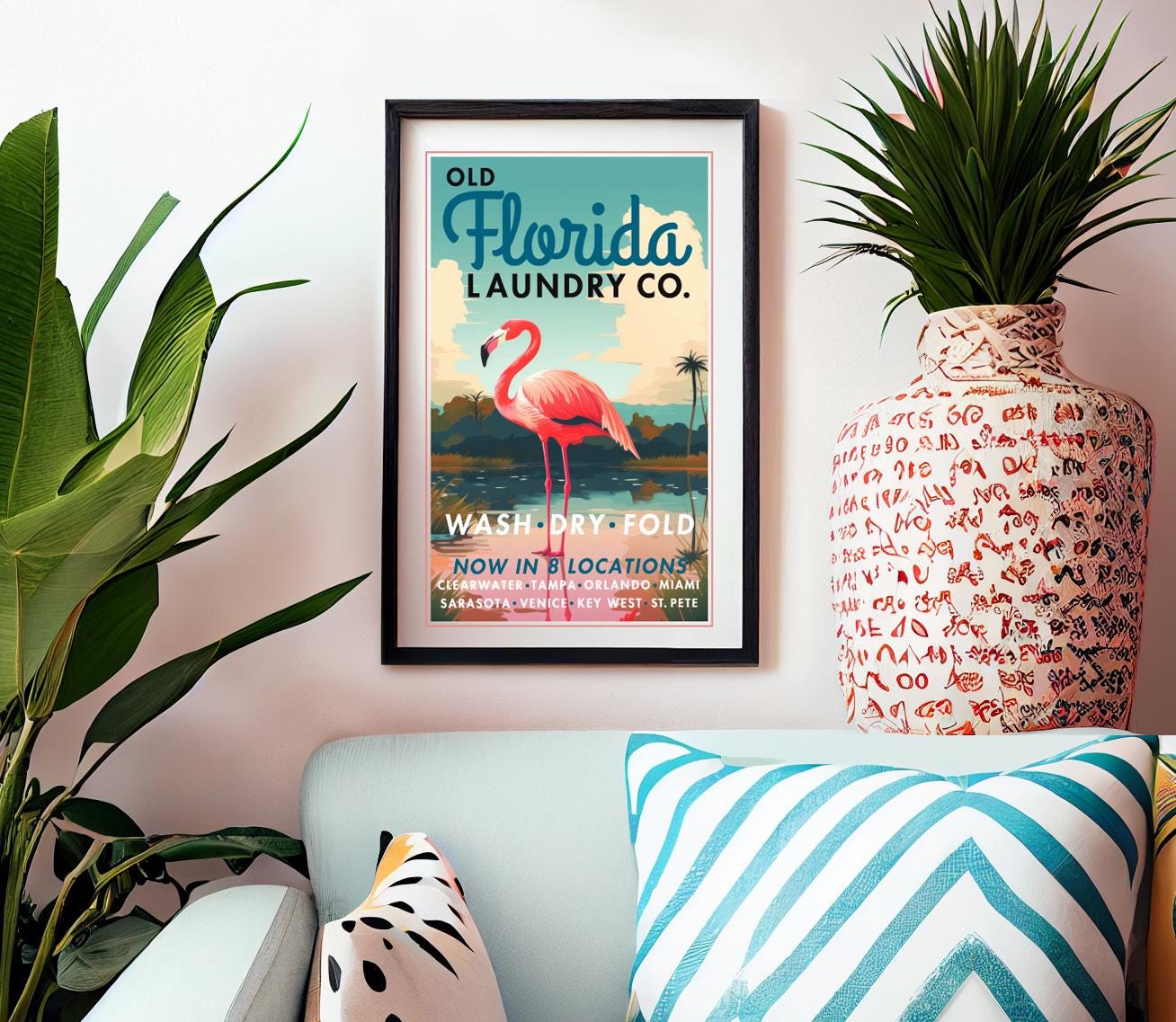 Florida Art Print, Laundry Room Decor, Flamingo Art, Vintage Florida ...