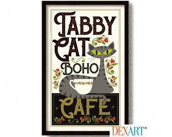 Tabby Cat Art Print, Boho Decor Cafe Sign, Grey Cat Kitchen Wall Art, Mid Century Modern Coffee Sign Poster Sign Bohemian Decor