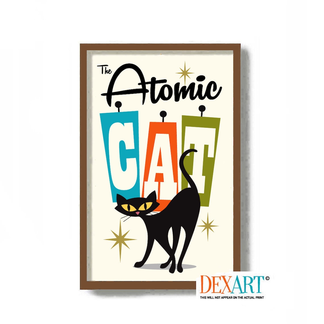 Mid Century Modern Atomic Cat Wall Art Print, Black Cat Lover Gift