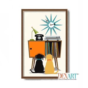 May include: A framed print featuring a mid-century modern design. The artwork depicts two dogs listening to music from a record player. A retro clock, lamp, and telephone are also included in the illustration. The color palette includes orange, teal, and brown.