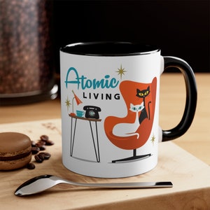 Atomic Living Coffee Mug, Mid Century Modern Decor, Retro Black and White Cat, Coffee Mug, 11oz Cup