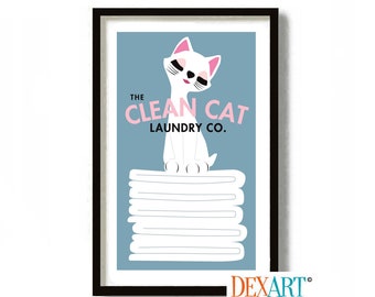 White Cat Art Print Laundry Room Decor, Mid Century Modern Wall Art, Laundry Sign, White Cat Cat Lover Gift, Laundry Basket