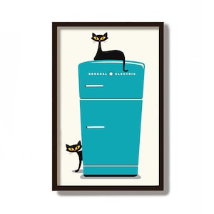 Mid Century Modern Kitchen Wall Art Print, Black Cat Art Print, Retro Fridge, Vintage Refrigerator, Atomic Cat