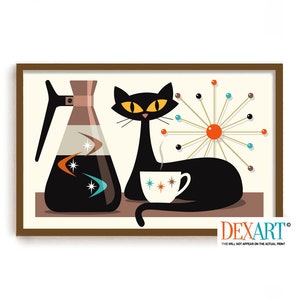 May include: A black cat with yellow eyes sits on a brown surface with a coffee pot and a cup of coffee. The coffee pot is brown with a clear glass top and has a retro design with blue and orange stars. The cat is holding a white cup with blue and orange stars. A gold and orange mid-century modern mobile hangs in the background.