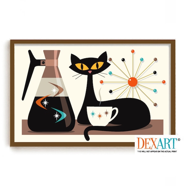 Mid Century Modern Cat and Kitchen Wall Art Print, Black Cat Lover Gift, Coffee Lover Gift, Retro Coffee Pot, DexMex Atomic Star Decor