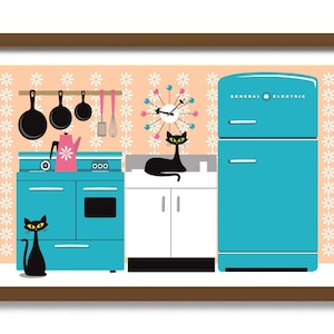 May include: A retro kitchen scene with a turquoise refrigerator labeled "General Electric", a turquoise stove, and a pink kettle. There are two black cats, a clock with a starburst design, and a floral wallpaper pattern.